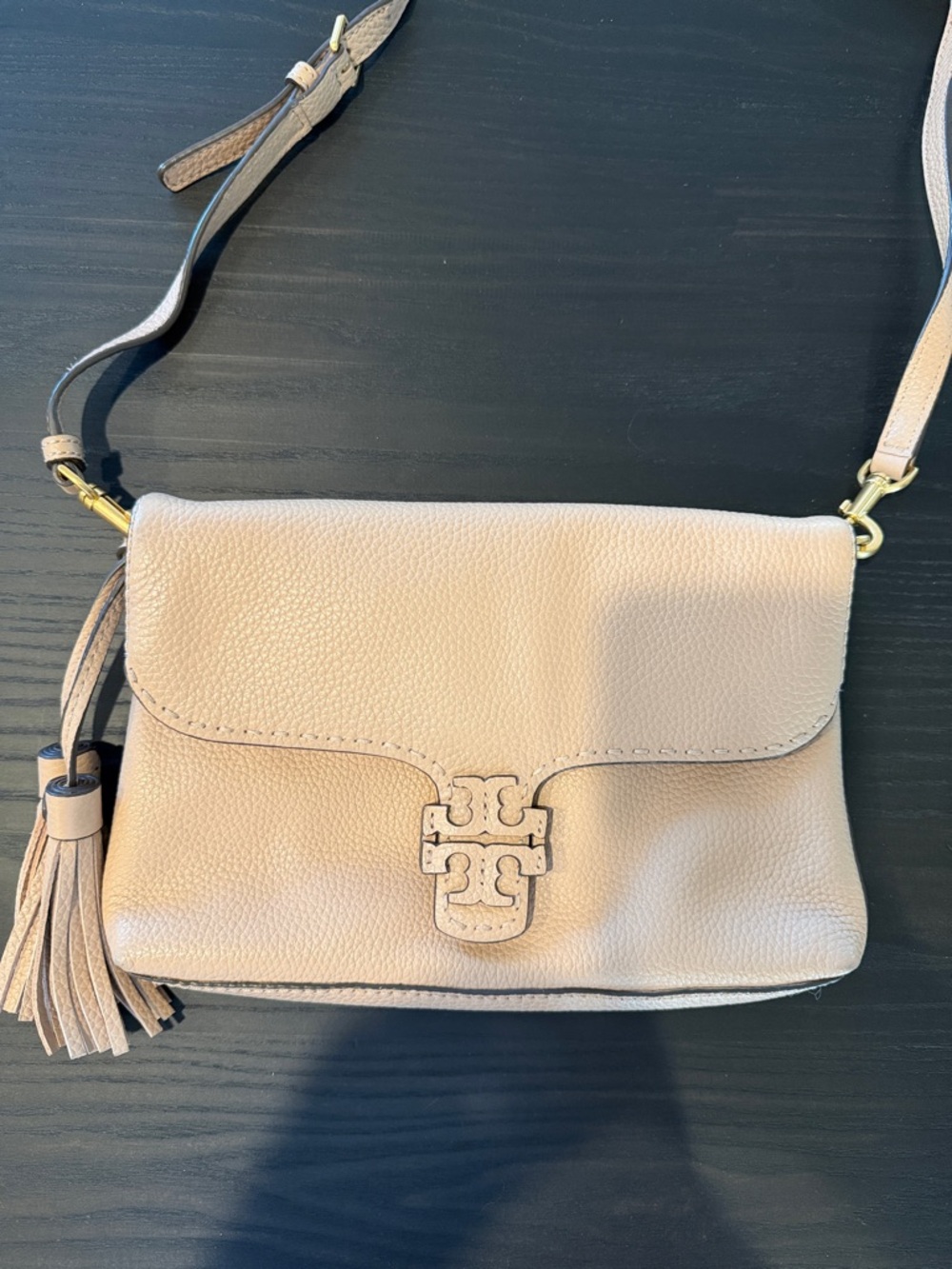 Tory Burch Blush Beige Pebbled Leather Crossbody with Tassel